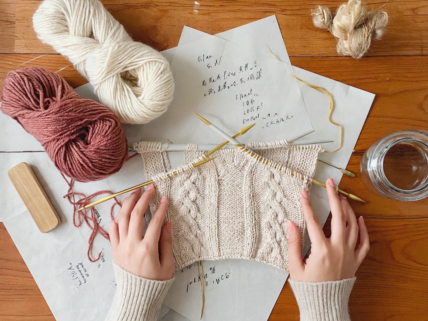Gestricktes Detail mit Wolle und Stricknadeln